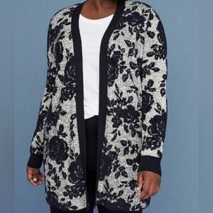 Lane Bryant Womens 18/20 Longline Floral Open Cardigan Black Gray Soft Cozy Plus